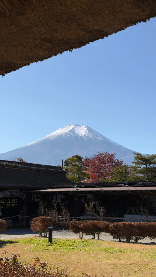 Mount Fuji view with traditional Japanese village in foreground, showcasing natural beauty and cultural heritage.