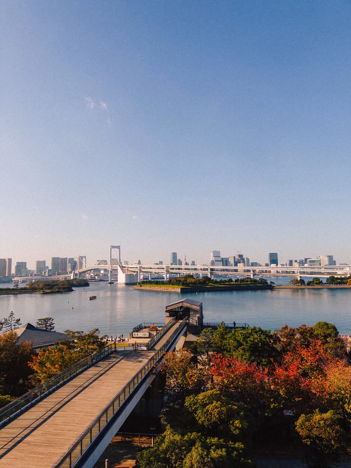 A stunning aerial view of Tokyo Bay featuring the iconic Rainbow Bridge and cityscape.
