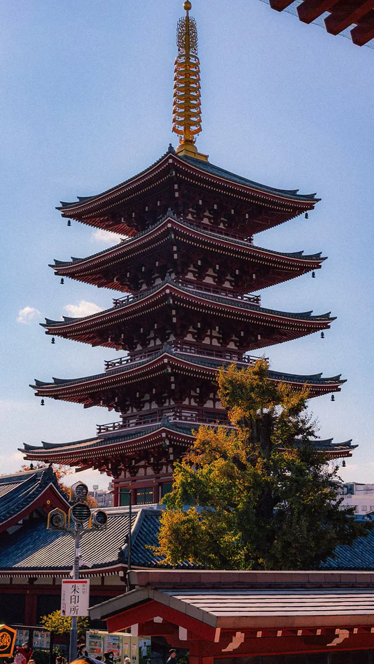 Stunning view of the iconic five-story pagoda at Sensoji Temple in Asakusa, Tokyo, Japan. Perfect travel destination.