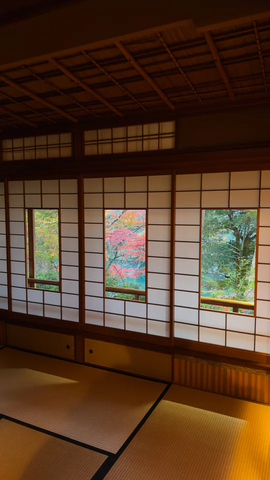 Serene Japanese room with tatami mats and shoji windows overlooking autumn foliage.